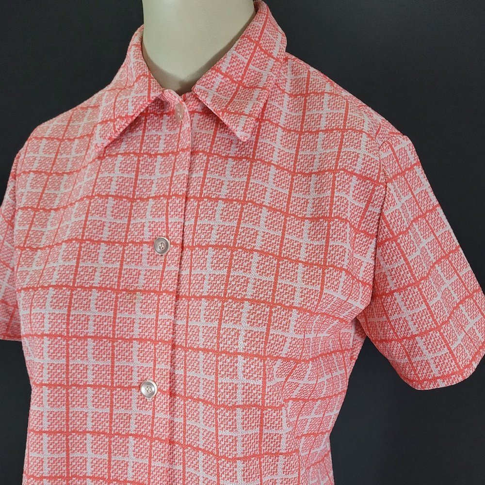60s/70s Mod Grid Print Short Sleeve Button Up Top - image 3